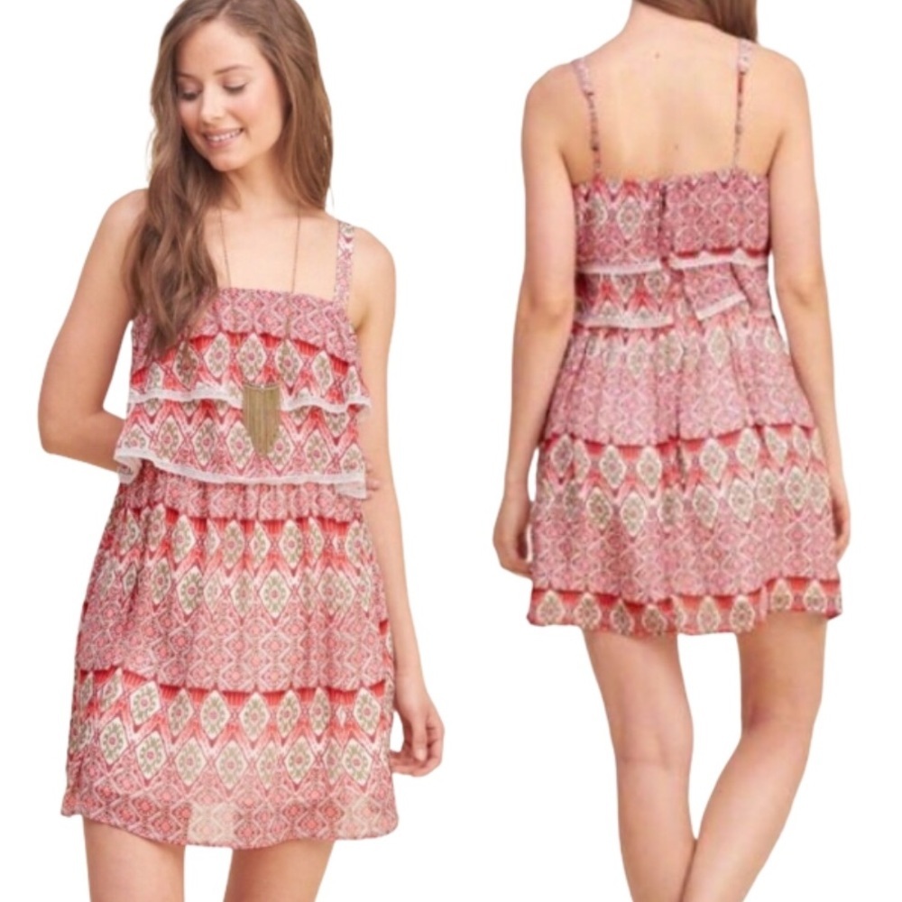 HOLLISTER Pink Sage Print Tiered Lace Dress Boho Stampede Festival Womens Small